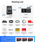Packing list for A329S 4K Dash Cam Front And Rear For Cars, includes front and rear cameras, cables, stickers, cards, and manual.
