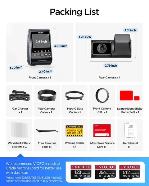 Packing list for A329S 4K Dash Cam Front And Rear For Cars, includes front and rear cameras, cables, stickers, cards, and manual.