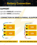Diagram showing 12V battery connection options for 24V 9Ah LiFePO4 Deep Cycle Battery With Built In 30A BMS For Lighting, Scooters.