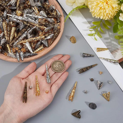 Long Flower Bead Caps Set With 520 Pcs Iron Cones And Filigree End Caps, 14 Styles in hand with decorative beads and coin