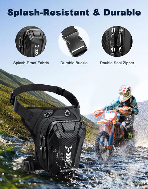 Thigh Bag for Women and Men, Expandable Leg Bag With Leg Strap, showing splash-proof fabric, durable buckle, and waterproof zipper