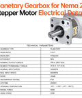 NEMA 23 planetary gearbox technical data and specifications for stepper motor applications.