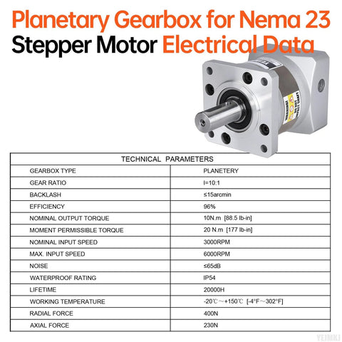 NEMA 23 planetary gearbox technical data and specifications for stepper motor applications.