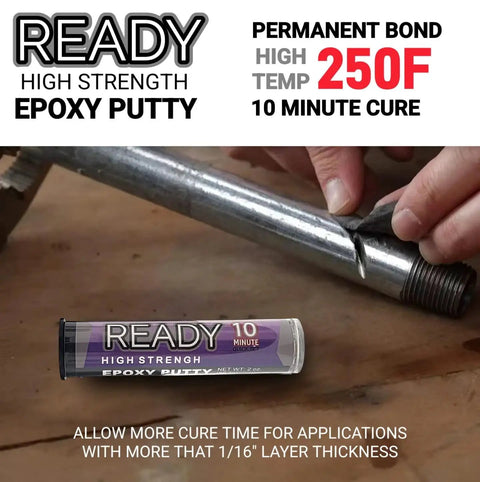 Heavy Duty Premium Epoxy Putty That Sets In 10 Minutes For A Fast Bond 205 F Heat Resistance And 6500 PSI Strength displayed with pipe repair