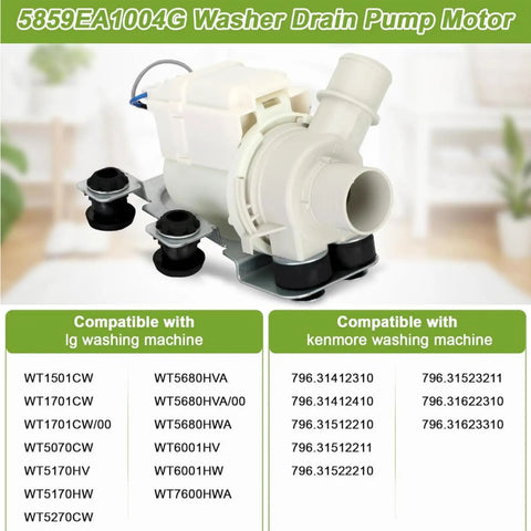 Washer Drain Pump Assembly 5859EA1004G Replacement for Kenmore Top Load Washers Easy Install, white plastic pump with metal bracket