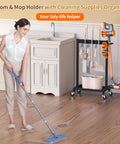 Beefed Up Cleaning Supplies Organizer And Broom Mop Holder Cart with woman cleaning kitchen floor