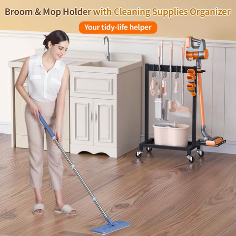Beefed Up Cleaning Supplies Organizer And Broom Mop Holder Cart with woman cleaning kitchen floor