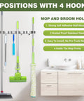 Heavy Duty Stainless Steel Broom Holder Wall Mount With Five Racks And Four Hooks Space Saving Mop Organizer For Kitchen Garage Garden Rust Resistant Tool Hanger For Easy Install showing tools hanging