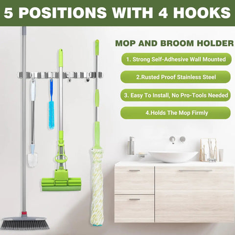 Heavy Duty Stainless Steel Broom Holder Wall Mount With Five Racks And Four Hooks Space Saving Mop Organizer For Kitchen Garage Garden Rust Resistant Tool Hanger For Easy Install showing tools hanging