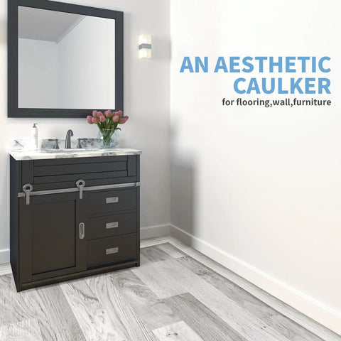 Bathroom vanity on white washed laminate floor featuring self adhesive vinyl floor transition strip for laminate and tile floors.