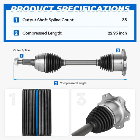 Front Left Or Right Driver Passenger Side CV Axle Shaft Assembly For Chevy Silverado 1500 2500 HD 4WD with specs and measurements shown.
