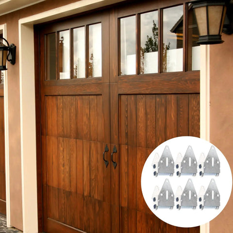 6 Pack Heavy Duty Garage Door Hinges Replacement Kit For Residential And Light Commercial Sectional Doors Durable Steel Hardware Built To Last And Easy To Install, six steel hinges shown on wooden sectional garage door