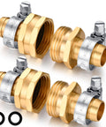 Garden Hose Repair Kit With Brass Barbed Fittings And Clamps For Quick Fixes DIY Friendly Includes Two Male And Two Female Ends Five Eighth Inch Barb Size Stainless Clamps And Extra Washers For Easy Install And Leak Free Connection with brass fittings and clamps on white background.