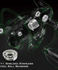 Exploded view of Spartacus II Spinning Reel 7 Plus 1 stainless bearings sealed carbon fiber build for fishing.