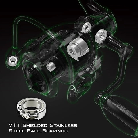 Exploded view of Spartacus II Spinning Reel 7 Plus 1 stainless bearings sealed carbon fiber build for fishing.