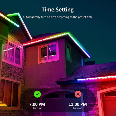 Exterior view of a house illuminated with 52.5ft Rainbow RGB IC LED Strip Lights Outdoor With Music Sync, IP65 waterproof.