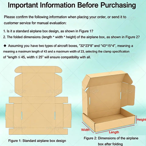 No Sweat Manual Airplane Box Folding Jig dimensions chart detailing standard airplane box design and folded measurements for efficient packing.