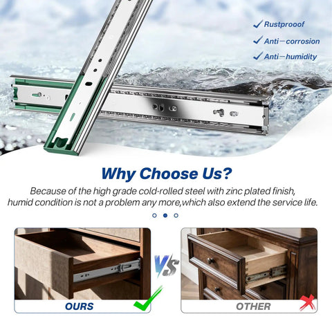 6 Pairs 22 Inch Soft Close Drawer Slides Ball Bearing Cabinet Rails Silent Hydraulic Side Mount Hardware Zero Slam showing cold rolled steel construction.