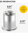 Solid 50 Pack 3/8 304 Stainless Steel Rivet Nuts size details showing 0.51" diameter and 0.72" height.