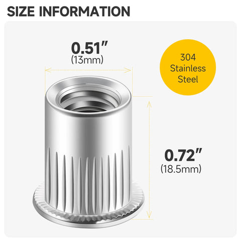 Solid 50 Pack 3/8 304 Stainless Steel Rivet Nuts size details showing 0.51" diameter and 0.72" height.