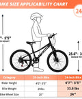 Kids Mountain Bike 20 And 24 Inch For Ages 6 To 12, 7 Speed Drivetrain, Suspension Fork, Dual Disc Brakes, Size Chart Diagram