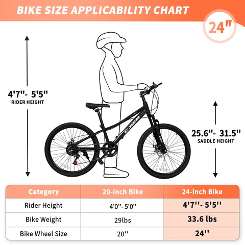 Kids Mountain Bike 20 And 24 Inch For Ages 6 To 12, 7 Speed Drivetrain, Suspension Fork, Dual Disc Brakes, Size Chart Diagram