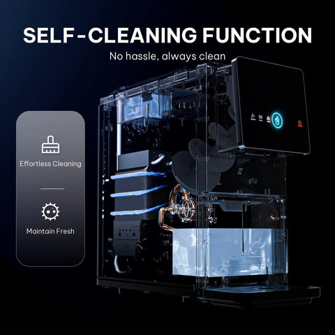 Ultimate Countertop Nugget Ice Maker Featuring Auto Drop Ice And No Sweat Self Cleaning Routine. Close-up of self-cleaning function.