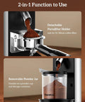 Premium Rock Solid Professional Conical Burr Coffee Grinder With Rust Proof Stainless Steel Body and Built In Portafilter Holder for tight dosage tweaks and smooth daily espresso pulls showing detachable portafilter holder and removable powder jar.