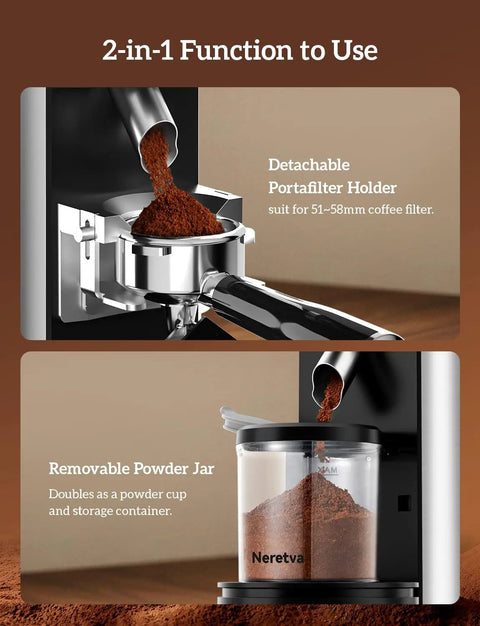 Premium Rock Solid Professional Conical Burr Coffee Grinder With Rust Proof Stainless Steel Body and Built In Portafilter Holder for tight dosage tweaks and smooth daily espresso pulls showing detachable portafilter holder and removable powder jar.