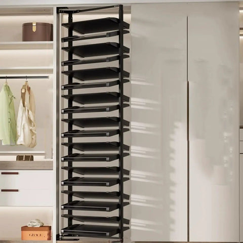 Slick Pull Out Shoe Rack With 16 Tier Metal Shelf Adjustable Stackable Closet Organizer Space Saving Entryway Storage Setup For Tight Rooms And Mudrooms, featuring black shelves in a sliding design.