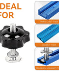 Twenty Piece One Quarter Inch Twenty T Track Knob Kit With Sixty T Slot Bolts Washers And Star Knobs For Woodworking Jigs image showing star knob and T-tracks.
