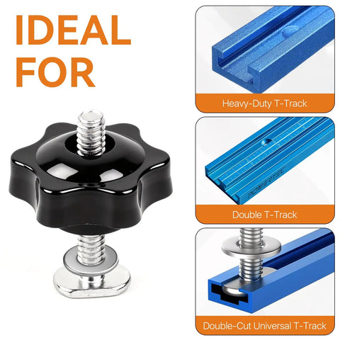 Twenty Piece One Quarter Inch Twenty T Track Knob Kit With Sixty T Slot Bolts Washers And Star Knobs For Woodworking Jigs image showing star knob and T-tracks.