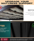 Before and after comparison of mattress support using Heavy Duty Queen Bunkie Board Straight Up Solid Hollow Plastic Mattress Support Platform.