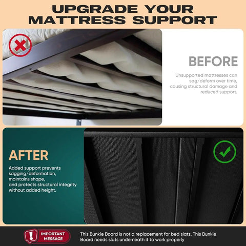 Before and after comparison of mattress support using Heavy Duty Queen Bunkie Board Straight Up Solid Hollow Plastic Mattress Support Platform.