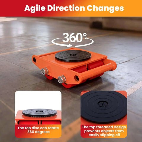 4 Piece 8T Machine Skates With 360 Degree Swivel Top Plate PU Wheels Low Profile Heavy Duty Mover Dollies shown close-up on warehouse floor