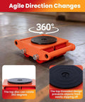 Heavy Duty 8-Ton Machine Moving Skates And Rollers For Industrial Shop Use With 360 Swivel Top Plates shown from side angle on concrete floor.