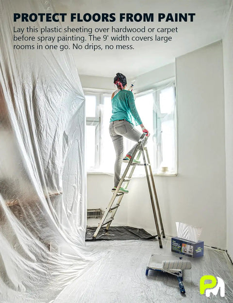 Massive Ultra Clear Painter Plastic Roll 9 By 400 Feet 0.31 Mil HDPE Sheeting With Hassle Free Dispenser Box used in room under ladder.