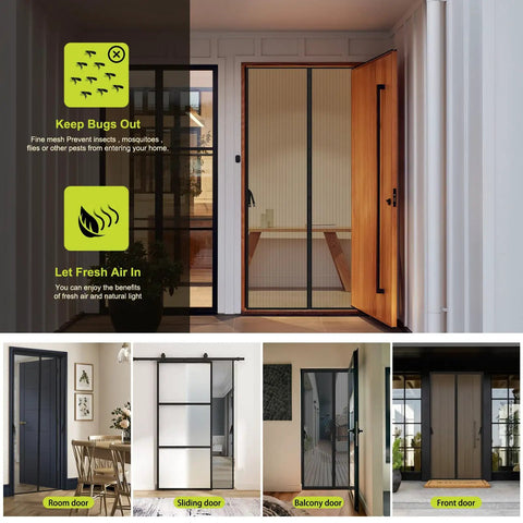 Magnetic Screen Door 36x82 Fits 38x83, Hands Free Bug Barrier For Pets shown on various door types.