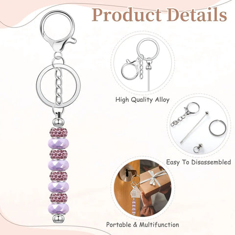 84Pcs Beadable Keychains Set With 12 Bendable Keychains shown with purple and pink silicone and spacer beads, high quality alloy