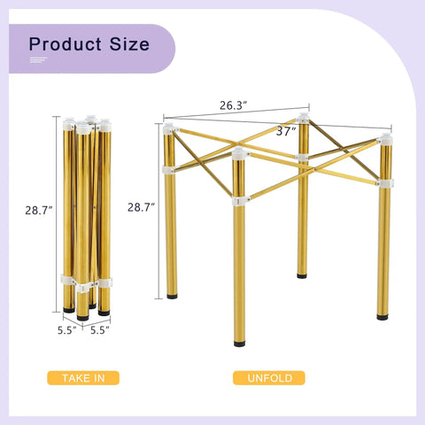 Adjustable Stainless Steel Table Legs Gold Finish Foldable Support Base For Coffee Desk Dining Table dimensions shown, 28.7in height.