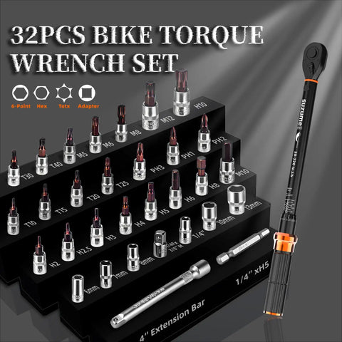 Pro Grade Quarter Inch Bike Torque Wrench Set With Reversible 72 Tooth Ratchet And Dual Scales 20 To 220 In Lb And 2 To 25 Newton Meters High Accuracy Click Torque Wrench For MTB Bicycle Maintenance with 32 pieces on black background