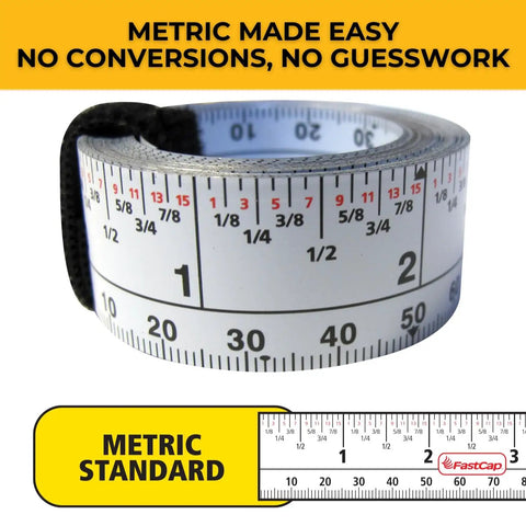 Close-up of a Peel And Stick Measuring Tape For Layout And Cutting Stations Sixteen Foot Length Seven Eighths Inch Width Dual Sided Print Pro Grade And Metric Ideal For Pros And Home Improvement Projects, showing the metric side with clear numbering.