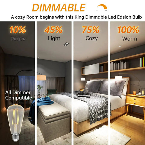 Dimmable LED Edison Bulbs 8W, 60W Equivalent, E26 Filament Vintage Look lighting a bedroom with adjustable brightness.