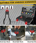 3 In 1 Rivet Nut Tool Kit with 14 Inch Rivet Gun, six metric mandrels, rugged carrying case, showing various metalworking scenarios