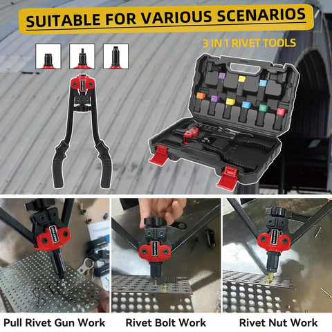3 In 1 Rivet Nut Tool Kit with 14 Inch Rivet Gun, six metric mandrels, rugged carrying case, showing various metalworking scenarios