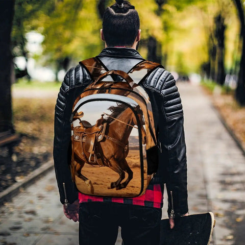 Unisex Western Galloping Horse Printed Backpack, Large Capacity Travel Daypack, worn by person in park setting