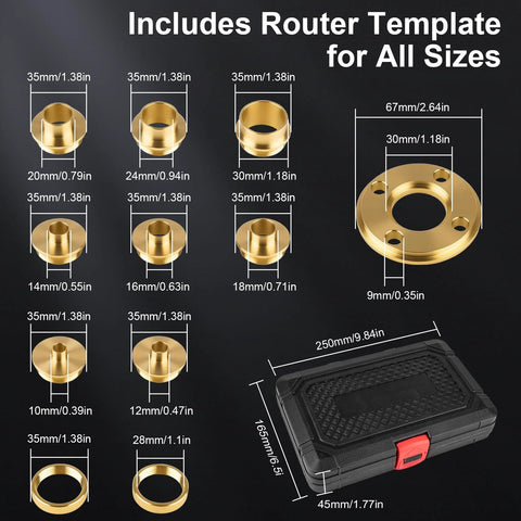 11-piece brass router bushing guide set with template and lock-nut adapter for Porter-Cable sub-bases in a black case