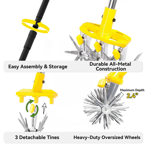 Closeup of heavy duty rotary cultivator with extra large tines and 74 inch long handle demonstrating detachable tines and metal construction.