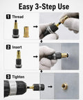 Rugged Heavy Duty Carbon Steel Rivet Nut Tool Kit With M3 M4 M5 M6 M8 M10 M12 Mandrels For Versatile Rivnut Installations, Operates By Hand Or Drill, Hex Head Design, Built Tough And Easy To Use For Automotive And DIY Projects. 3-step use guide