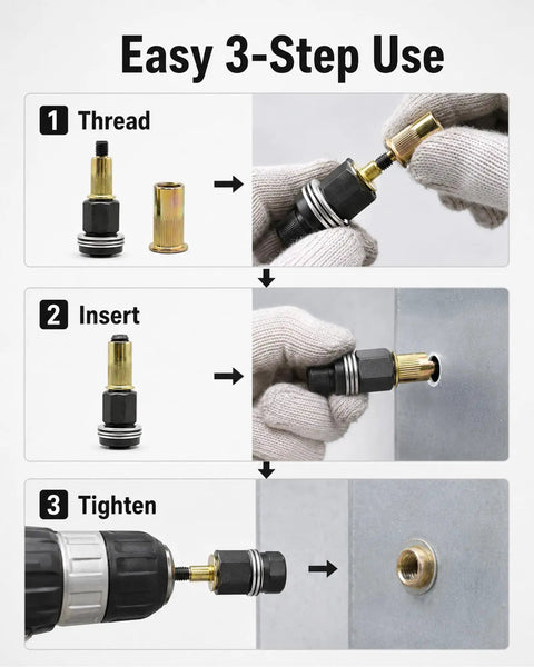 Rugged Heavy Duty Carbon Steel Rivet Nut Tool Kit With M3 M4 M5 M6 M8 M10 M12 Mandrels For Versatile Rivnut Installations, Operates By Hand Or Drill, Hex Head Design, Built Tough And Easy To Use For Automotive And DIY Projects. 3-step use guide